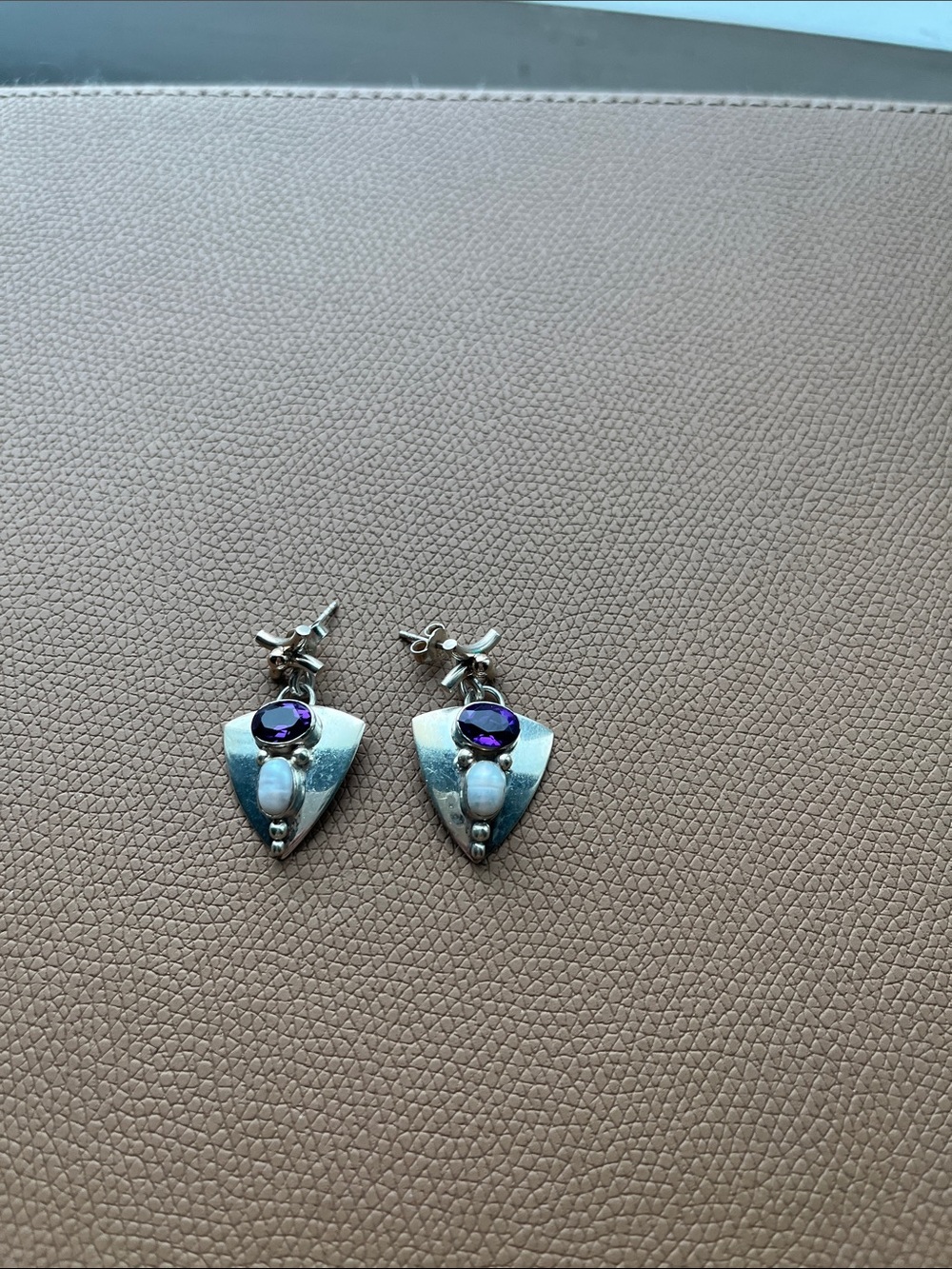 Sterling Silver Purple & White Shield Drop Earrings